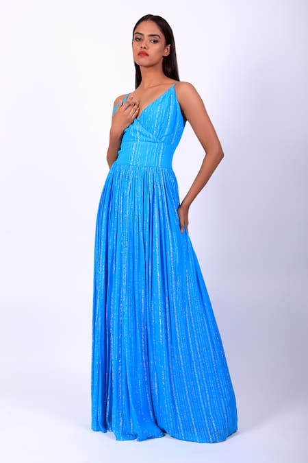 Swatee Singh_Blue Georgette V-neck Shimmer Finish Maxi Gown _Online_at_Aza_Fashions