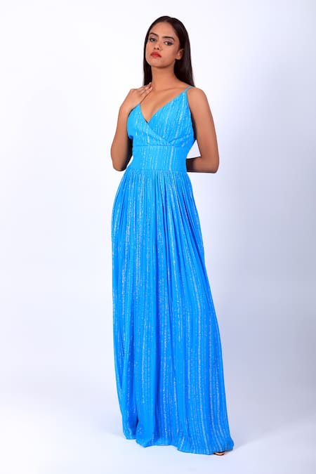 Shop_Swatee Singh_Blue Georgette V-neck Shimmer Finish Maxi Gown _Online_at_Aza_Fashions