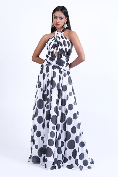 Swatee Singh_Black Georgette Crew Neck Criss Cross Polka Dot Pattern Gown _Online_at_Aza_Fashions