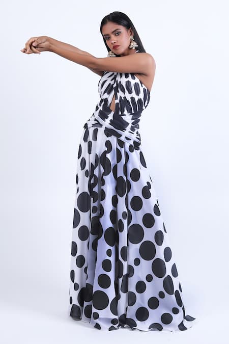 Shop_Swatee Singh_Black Georgette Crew Neck Criss Cross Polka Dot Pattern Gown _Online_at_Aza_Fashions