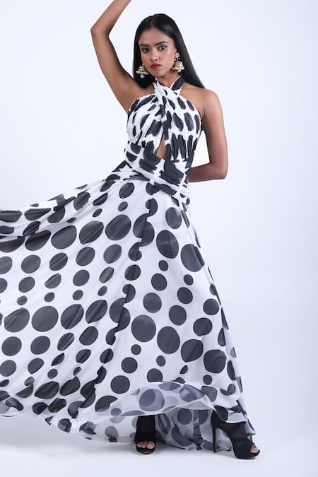 Swatee Singh_Black Georgette Crew Neck Criss Cross Polka Dot Pattern Gown _at_Aza_Fashions