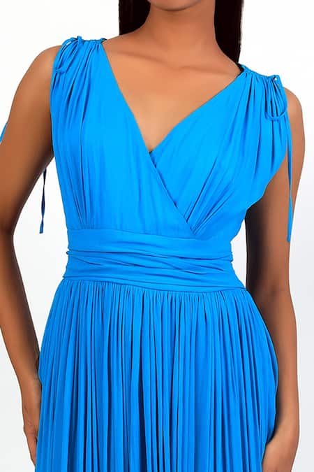 Swatee Singh Blue Georgette V-neck Pleated Flared Gown Online at Aza Fashions Swatee Singh_Blue Georgette V-neck Pleated Flared Gown _Online_at_Aza_Fashions