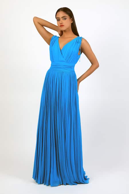 Buy_Swatee Singh_Blue Georgette V-neck Pleated Flared Gown _Online_at_Aza_Fashions