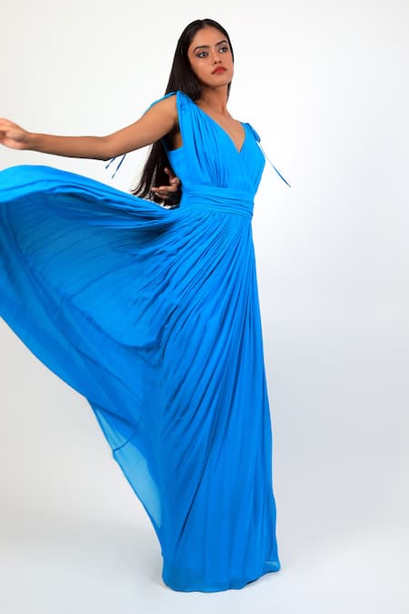 Shop_Swatee Singh_Blue Georgette V-neck Pleated Flared Gown _Online_at_Aza_Fashions