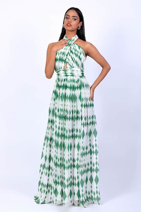 Swatee Singh Ivory Polyester Halter Neck Diamond Pattern Gown 