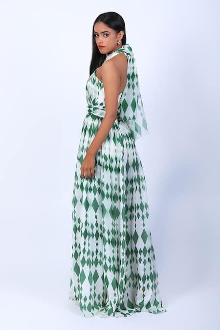 Swatee Singh Ivory Polyester Halter Neck Diamond Pattern Gown Online at Aza Fashions Swatee Singh_Ivory Polyester Halter Neck Diamond Pattern Gown _Online_at_Aza_Fashions