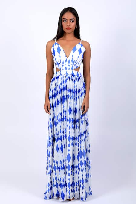 Shop Swatee Singh Ivory Polyester Diamonds V-neck Pattern Cut-out Gown Online at Aza Fashions Shop_Swatee Singh_Ivory Polyester Diamonds V-neck Pattern Cut-out Gown _Online_at_Aza_Fashions