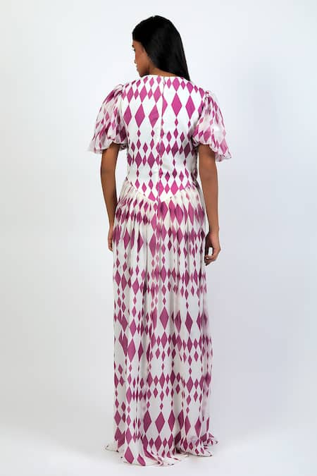 Shop Swatee Singh Ivory Polyester Round Neck Balloon Sleeve Diamond Pattern Gown at Aza Fashions Shop_Swatee Singh_Ivory Polyester Round Neck Balloon Sleeve Diamond Pattern Gown _at_Aza_Fashions