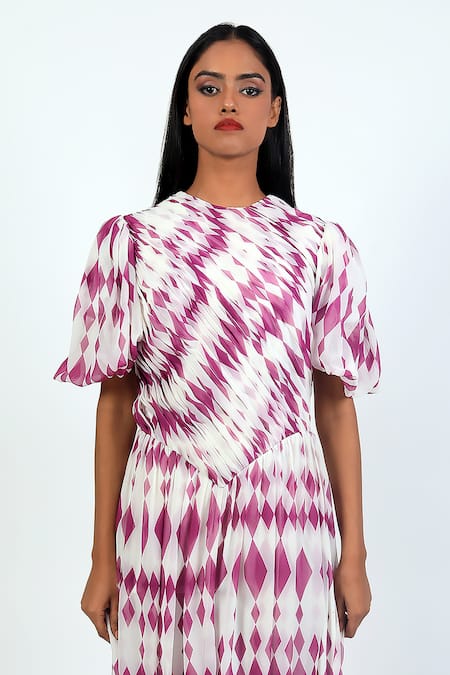 Buy Swatee Singh Ivory Polyester Round Neck Balloon Sleeve Diamond Pattern Gown Online at Aza Fashions Buy_Swatee Singh_Ivory Polyester Round Neck Balloon Sleeve Diamond Pattern Gown _Online_at_Aza_Fashions