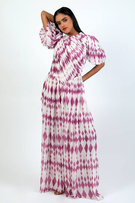 Shop Swatee Singh Ivory Polyester Round Neck Balloon Sleeve Diamond Pattern Gown Online at Aza Fashions Shop_Swatee Singh_Ivory Polyester Round Neck Balloon Sleeve Diamond Pattern Gown _Online_at_Aza_Fashions