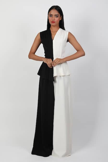 Swatee Singh Ivory Crepe V-neck Two Tone Jumpsuit 