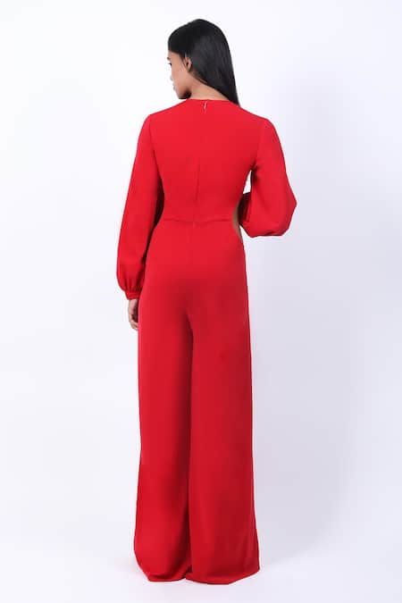 Shop_Swatee Singh_Red Crepe Round Neck Side Cut-out Jumpsuit _at_Aza_Fashions