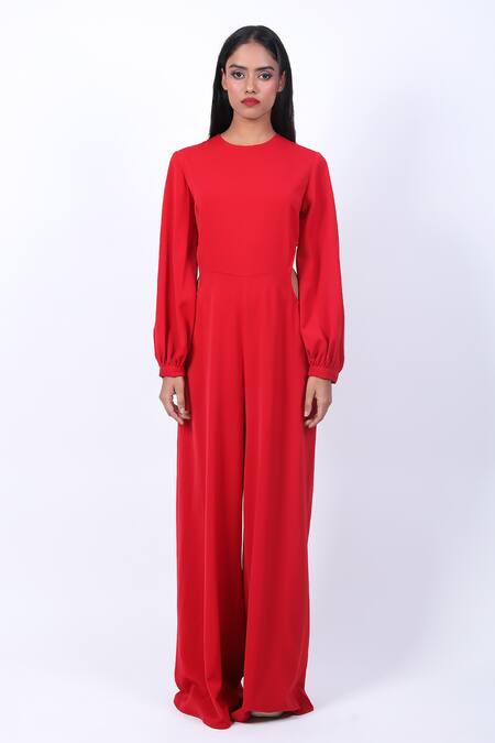 Buy_Swatee Singh_Red Crepe Round Neck Side Cut-out Jumpsuit _Online_at_Aza_Fashions