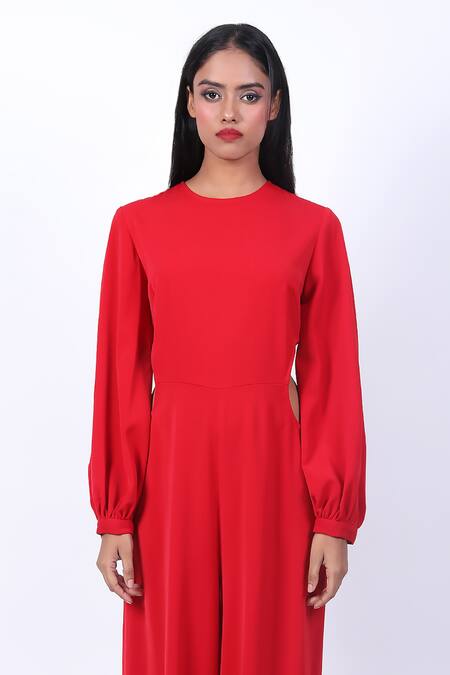 Shop_Swatee Singh_Red Crepe Round Neck Side Cut-out Jumpsuit _Online_at_Aza_Fashions