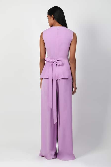 Shop Swatee Singh Purple Crepe V-neck Peplum Jumpsuit at Aza Fashions Shop_Swatee Singh_Purple Crepe V-neck Peplum Jumpsuit _at_Aza_Fashions