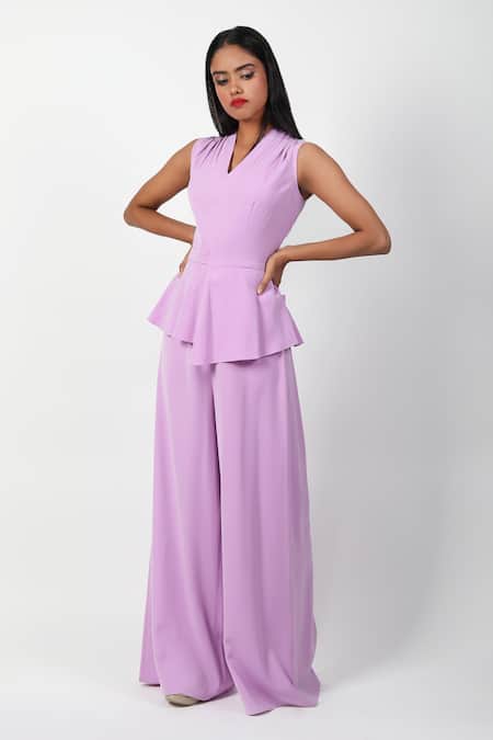 Buy Swatee Singh Purple Crepe V-neck Peplum Jumpsuit Online at Aza Fashions Buy_Swatee Singh_Purple Crepe V-neck Peplum Jumpsuit _Online_at_Aza_Fashions