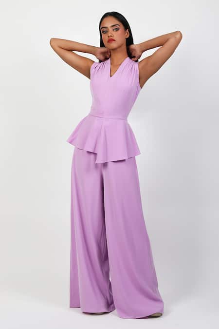 Shop Swatee Singh Purple Crepe V-neck Peplum Jumpsuit Online at Aza Fashions Shop_Swatee Singh_Purple Crepe V-neck Peplum Jumpsuit _Online_at_Aza_Fashions