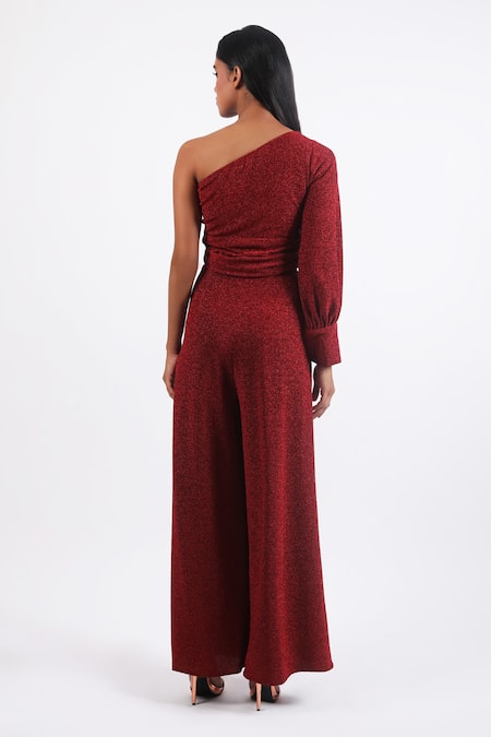 Shop Swatee Singh Red Lurex Asymmetric One Shoulder Jumpsuit at Aza Fashions Shop_Swatee Singh_Red Lurex Asymmetric One Shoulder Jumpsuit _at_Aza_Fashions