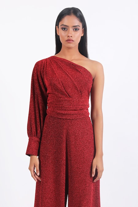 Swatee Singh Red Lurex Asymmetric One Shoulder Jumpsuit Online at Aza Fashions Swatee Singh_Red Lurex Asymmetric One Shoulder Jumpsuit _Online_at_Aza_Fashions