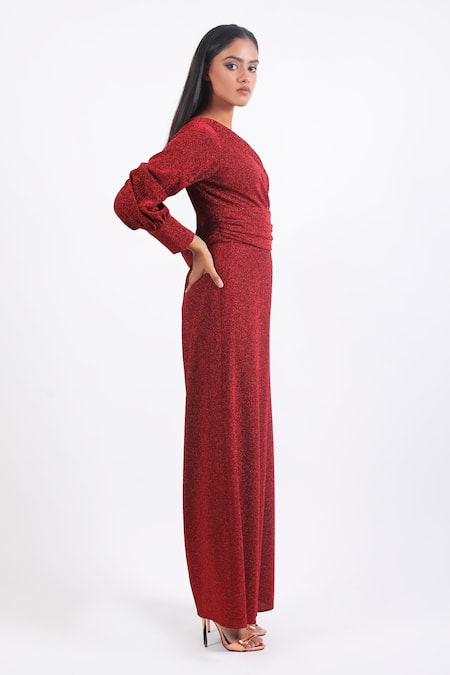 Buy Swatee Singh Red Lurex Asymmetric One Shoulder Jumpsuit Online at Aza Fashions Buy_Swatee Singh_Red Lurex Asymmetric One Shoulder Jumpsuit _Online_at_Aza_Fashions