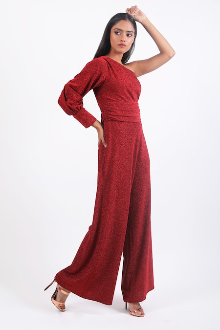 Shop Swatee Singh Red Lurex Asymmetric One Shoulder Jumpsuit Online at Aza Fashions Shop_Swatee Singh_Red Lurex Asymmetric One Shoulder Jumpsuit _Online_at_Aza_Fashions