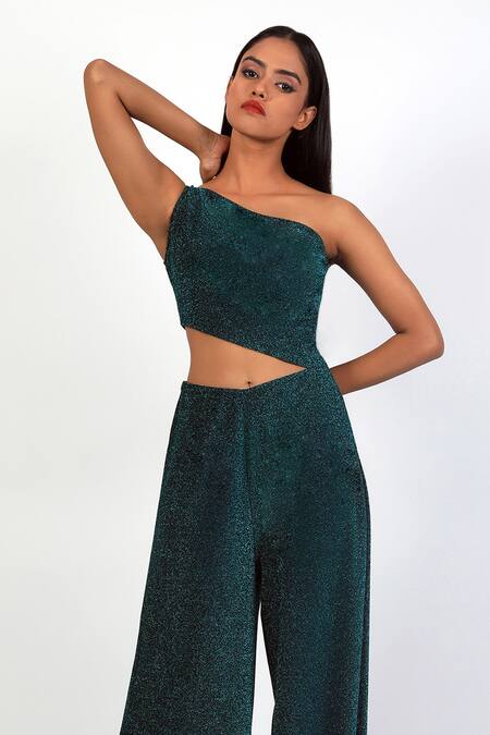 Swatee Singh_Blue Lurex Asymmetric Shimmer Finish Front Cut-out Jumpsuit _Online_at_Aza_Fashions