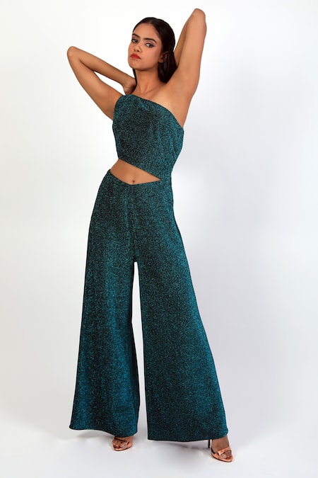 Buy_Swatee Singh_Blue Lurex Asymmetric Shimmer Finish Front Cut-out Jumpsuit _Online_at_Aza_Fashions