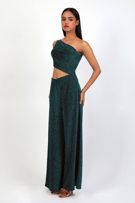 Shop_Swatee Singh_Blue Lurex Asymmetric Shimmer Finish Front Cut-out Jumpsuit _Online_at_Aza_Fashions