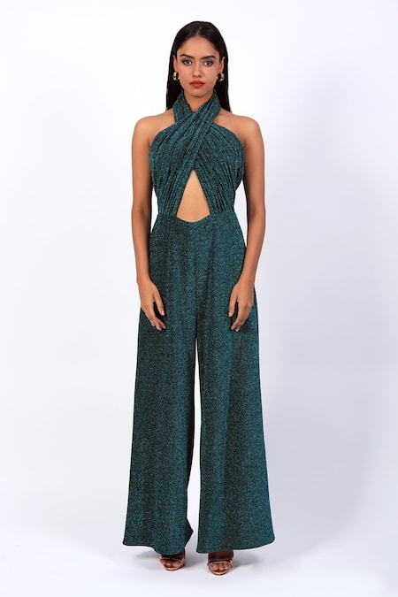 Swatee Singh Blue Georgette Halter Neck Criss Cross Shimmer Finish Jumpsuit 