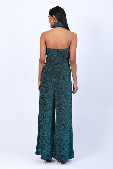Shop Swatee Singh Blue Georgette Halter Neck Criss Cross Shimmer Finish Jumpsuit at Aza Fashions Shop_Swatee Singh_Blue Georgette Halter Neck Criss Cross Shimmer Finish Jumpsuit _at_Aza_Fashions