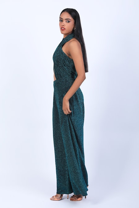 Swatee Singh Blue Georgette Halter Neck Criss Cross Shimmer Finish Jumpsuit Online at Aza Fashions Swatee Singh_Blue Georgette Halter Neck Criss Cross Shimmer Finish Jumpsuit _Online_at_Aza_Fashions