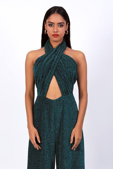Buy Swatee Singh Blue Georgette Halter Neck Criss Cross Shimmer Finish Jumpsuit Online at Aza Fashions Buy_Swatee Singh_Blue Georgette Halter Neck Criss Cross Shimmer Finish Jumpsuit _Online_at_Aza_Fashions