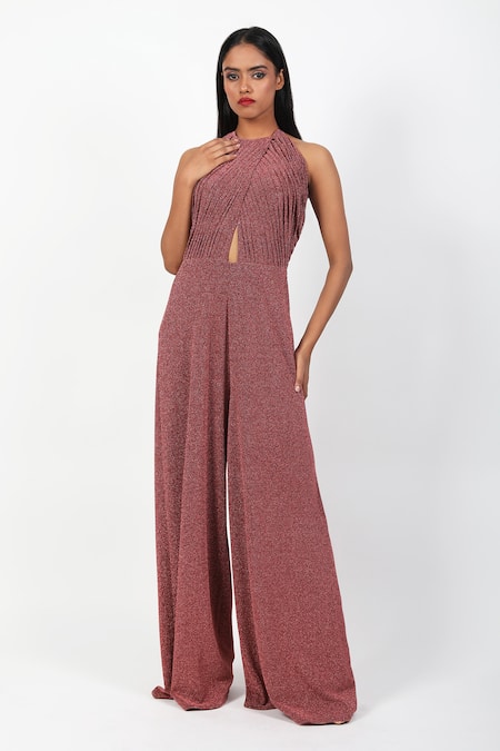 Swatee Singh Pink Lurex Halter Neck Criss Cross Draped Jumpsuit 