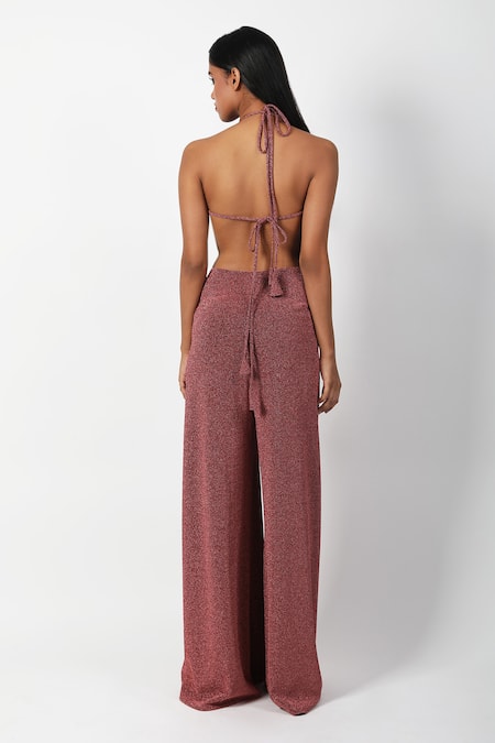 Shop Swatee Singh Pink Lurex Halter Neck Criss Cross Draped Jumpsuit at Aza Fashions Shop_Swatee Singh_Pink Lurex Halter Neck Criss Cross Draped Jumpsuit _at_Aza_Fashions