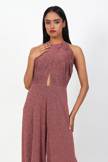 Swatee Singh Pink Lurex Halter Neck Criss Cross Draped Jumpsuit Online at Aza Fashions Swatee Singh_Pink Lurex Halter Neck Criss Cross Draped Jumpsuit _Online_at_Aza_Fashions