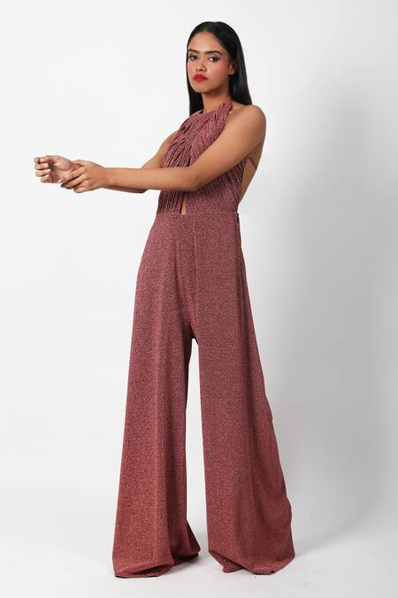 Buy Swatee Singh Pink Lurex Halter Neck Criss Cross Draped Jumpsuit Online at Aza Fashions Buy_Swatee Singh_Pink Lurex Halter Neck Criss Cross Draped Jumpsuit _Online_at_Aza_Fashions
