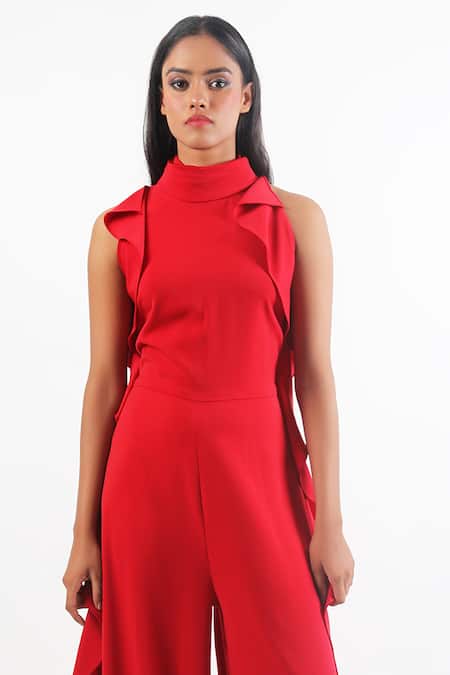 Swatee Singh Red Crepe Halter Neck Side Ruffle Detail Jumpsuit Online at Aza Fashions Swatee Singh_Red Crepe Halter Neck Side Ruffle Detail Jumpsuit _Online_at_Aza_Fashions