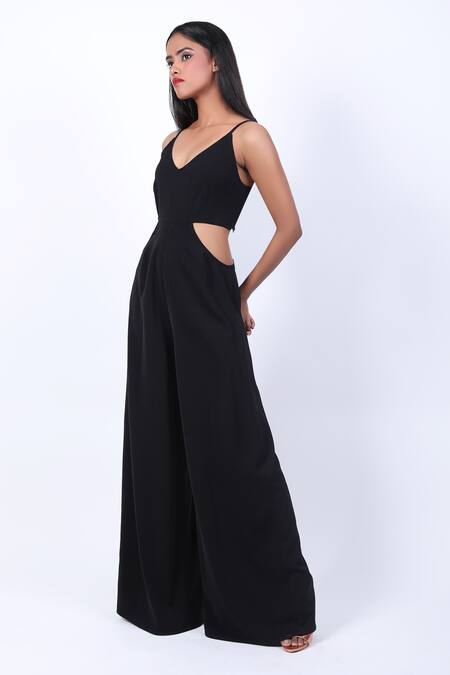 Swatee Singh Black Crepe V-neck Side Cut-out Sleeveless Jumpsuit Online at Aza Fashions Swatee Singh_Black Crepe V-neck Side Cut-out Sleeveless Jumpsuit _Online_at_Aza_Fashions