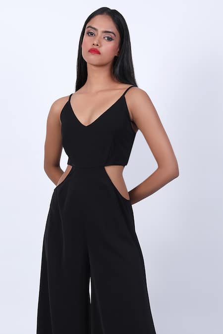 Buy Swatee Singh Black Crepe V-neck Side Cut-out Sleeveless Jumpsuit Online at Aza Fashions Buy_Swatee Singh_Black Crepe V-neck Side Cut-out Sleeveless Jumpsuit _Online_at_Aza_Fashions