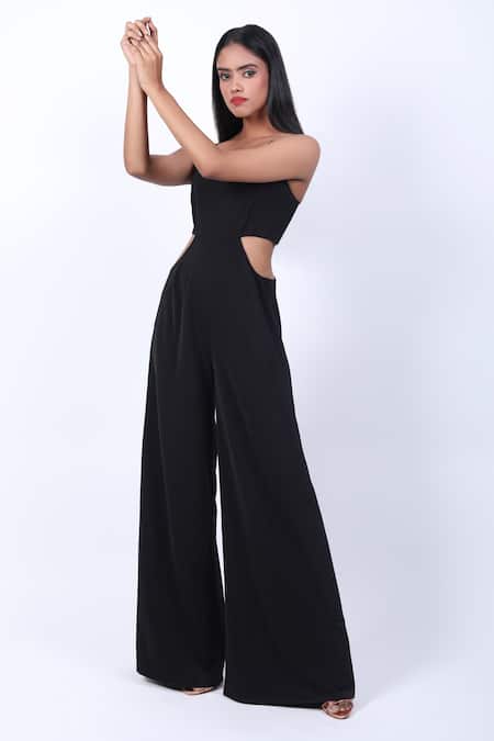 Shop Swatee Singh Black Crepe V-neck Side Cut-out Sleeveless Jumpsuit Online at Aza Fashions Shop_Swatee Singh_Black Crepe V-neck Side Cut-out Sleeveless Jumpsuit _Online_at_Aza_Fashions
