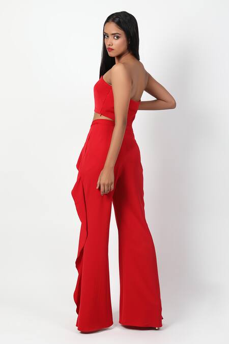 Shop Swatee Singh Red Crepe Ruffles Square Neck Crop Top With Pant at Aza Fashions Shop_Swatee Singh_Red Crepe Ruffles Square Neck Crop Top With Pant _at_Aza_Fashions