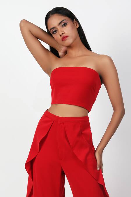 Swatee Singh Red Crepe Ruffles Square Neck Crop Top With Pant Online at Aza Fashions Swatee Singh_Red Crepe Ruffles Square Neck Crop Top With Pant _Online_at_Aza_Fashions