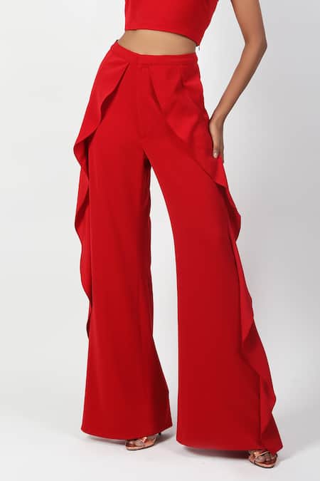 Buy Swatee Singh Red Crepe Ruffles Square Neck Crop Top With Pant Online at Aza Fashions Buy_Swatee Singh_Red Crepe Ruffles Square Neck Crop Top With Pant _Online_at_Aza_Fashions
