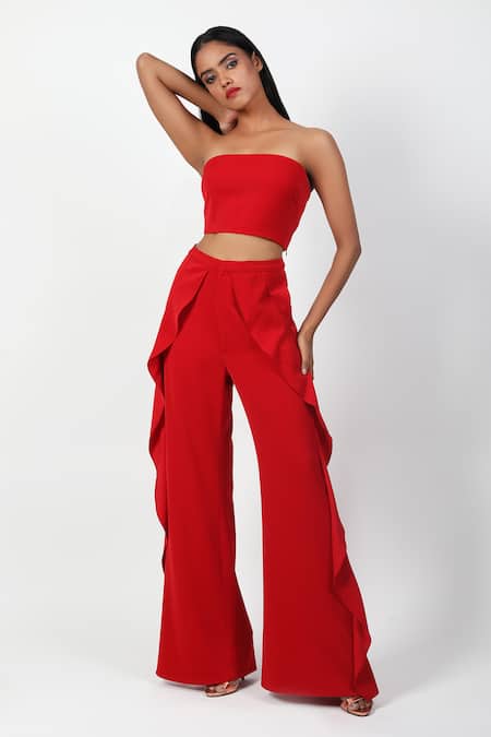 Shop Swatee Singh Red Crepe Ruffles Square Neck Crop Top With Pant Online at Aza Fashions Shop_Swatee Singh_Red Crepe Ruffles Square Neck Crop Top With Pant _Online_at_Aza_Fashions