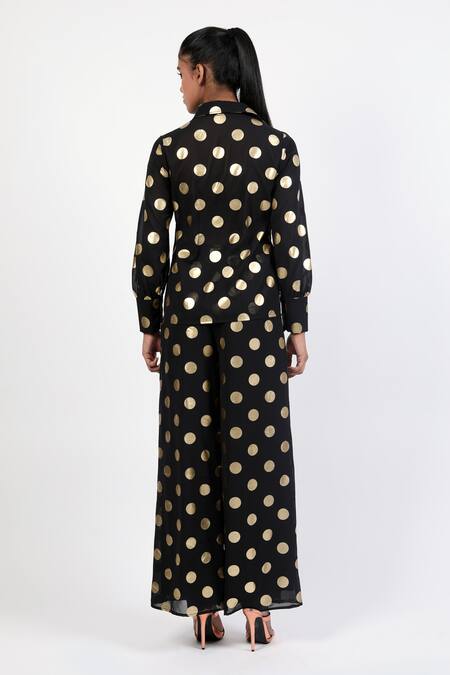 Shop Swatee Singh Black Georgette Collared Polka Dot Pattern Shirt With Pant at Aza Fashions Shop_Swatee Singh_Black Georgette Collared Polka Dot Pattern Shirt With Pant_at_Aza_Fashions