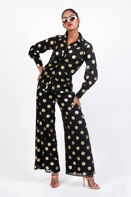 Swatee Singh Black Georgette Collared Polka Dot Pattern Shirt With Pant Online at Aza Fashions Swatee Singh_Black Georgette Collared Polka Dot Pattern Shirt With Pant_Online_at_Aza_Fashions