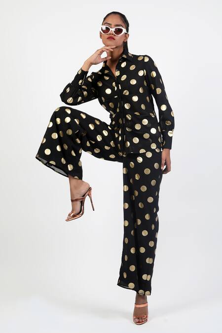 Buy Swatee Singh Black Georgette Collared Polka Dot Pattern Shirt With Pant Online at Aza Fashions Buy_Swatee Singh_Black Georgette Collared Polka Dot Pattern Shirt With Pant_Online_at_Aza_Fashions