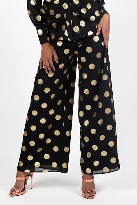 Shop Swatee Singh Black Georgette Collared Polka Dot Pattern Shirt With Pant Online at Aza Fashions Shop_Swatee Singh_Black Georgette Collared Polka Dot Pattern Shirt With Pant_Online_at_Aza_Fashions