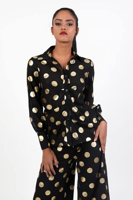 Swatee Singh Black Georgette Collared Polka Dot Pattern Shirt With Pant at Aza Fashions Swatee Singh_Black Georgette Collared Polka Dot Pattern Shirt With Pant_at_Aza_Fashions