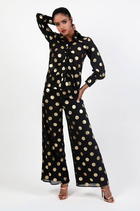 Buy Swatee Singh Black Georgette Collared Polka Dot Pattern Shirt With Pant Buy_Swatee Singh_Black Georgette Collared Polka Dot Pattern Shirt With Pant